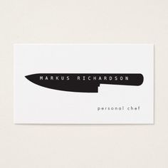 a black and white business card with a knife on the bottom that says, personal chef