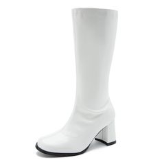 PRICES MAY VARY. Retro Women's Go-Go Boot/Mid Calf Boots /Patent Leather Boots WHITE GOGO BOOTS: Manmade PU upper, soft breathable lining, non-slip rubber outsole, sturdy block heels easy to walk in. GO GO BOOTS: Featuring square toe, block chunky heel, built-in zipper for easy switching, comfortable knee high gogo boots. WOMEN MID CALF BOOTS: Heel height: 7CM/2.76", boot opening girth: 13" around, shaft height: 46CM/18.11" from arch. DISCO COSTUMES FOR WOMEN: Christmas costume parties, cosplay Disco Costume For Women, Fitted White Leather Mid-calf Boots, Chic White Mid-calf Boots Medium Width, White High Heel Mid-calf Boots Medium Width, White Gogo Boots, White High Heel Mid-calf Boots With Reinforced Heel, Events Theme, White Leather Knee-high Boots Medium Width, Go Go Boots