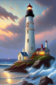 a painting of a lighthouse with waves crashing in front of it