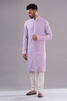 Lavender straight kurta embroidered with intricate thread. Comes with a pant.
 - Aza Fashions Lavender Color Kurta Men, Pastel Color Kurta For Men, Lavender Outfit Men, Pastel Kurta Men, Lavender Kurta Men, Purple Kurta For Men, Purple Indian Outfit, Hand Embroidery Beads, Lavender Outfit