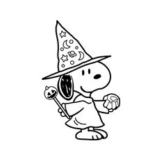 a black and white drawing of a cartoon character wearing a witches hat holding a candy bar