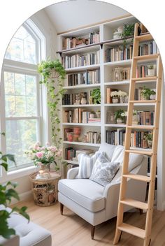 a living room filled with lots of furniture and bookshelves next to a window