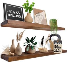 three shelves with vases and plants on them, one shelf has an easy installation sign