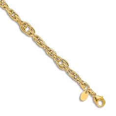 Dynamic high-polish woven links intertwine along the length of this elegant women's bracelet. Fashioned in 14K yellow gold, the 7.5-inch chain secures in place with a lobster clasp. Formal Gold Figaro Chain Bracelet, Luxury Oval Link Chain Bracelet With Figaro Chain, Luxury Figaro Chain Bracelet With Oval Link, Luxury Gold Bracelet With Figaro Chain, Oval Link Figaro Chain Gold Bracelet, Gold Plated Cable Chain Bracelet For Formal Occasions, Elegant Figaro Chain Bracelet, Luxury Figaro Chain Bracelet For Formal Occasions, Formal Gold-plated Cable Chain Bracelet