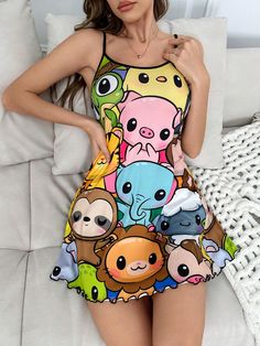 Cute Cartoon Print Camisole Nightgown Multicolor Cute  Sleeveless Knitted Fabric Cartoon Nightgowns Slight Stretch All Women Sleep & Lounge, size features are:Bust: ,Length: ,Sleeve Length: Cute Sleep Tops With Cartoon Print, Short Sleeve Cartoon Print Sleepwear For Sleepovers, Cheap Kawaii Sleepwear With Cartoon Print, Pink Kawaii Sleepwear With Cartoon Print, Fun Cartoon Print Short Sleeve Sleepwear, Cartoon Print, Line Design, Maternity Bag, Nightwear