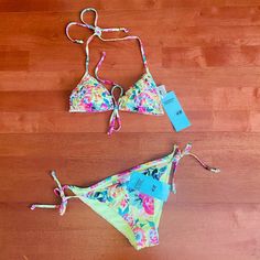 New! H&M Bikini Swimwear Set Both Top & Bottom, Size 6 Top Has Ruffles, Removable Padding & Bottoms Are Tie Tanga Sides Beautiful Floral Print, Perfect For Summer! No Returns Burgundy Swimsuit, Navy Blue Bikinis, Green Swimsuit, Swimwear Sets, Swimsuit Set, Women Swimsuits, Green Yellow, Ruffles, Floral Print