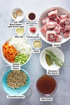 the ingredients to make this dish include meat, onions, carrots, green beans and broth