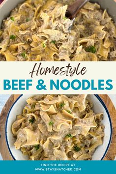 two pictures with different types of food in them and the words, homestyle beef & noodles