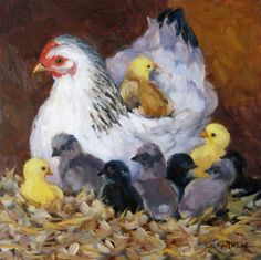 an oil painting of chickens and chicks in a nest