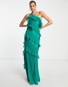 ASOS DESIGN satin bias ruffle maxi dress in forest green | ASOS Green One-shoulder Maxi Dress For Parties, Green Floor-length Maxi Dress With Ruffles, Green Ruffled Maxi Dress For Prom, Green Ruffled Floor-length Maxi Dress, Green Off-shoulder Maxi Dress For Prom, Off-shoulder Green Maxi Dress For Prom, Green One-shoulder Maxi Dress For Prom Season, Green One-shoulder Spring Gown, Green One-shoulder Maxi Dress For Prom