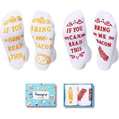 TACO SOCKSUnisex taco socks, taco socks for men, taco socks for women. Adorable and funny non-slip design: "IF YOU CAN READ THIS, BRING ME TACOS"; These burrito socks are made of luxury cotton, which is soft and moisture repellent, wrapping your feet with excellent comfort.SIZE & PACKINGSocks with sayings on the bottom of the feet, non skid socks. One size fits all socks, recommend women shoe size 6 - 11, men shoe size 7 - 10; 2 Pairs of funny saying socks come in one exclusively designed gi Bacon Gifts, Food Socks, Socks Gifts, Holiday Socks, Non Slip Socks, Socks For Women, Women's Socks, Socks For Men, Funny Socks