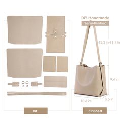 the contents of a handbag are shown with measurements