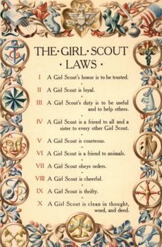 the girl scout's laws is shown in an ornate frame with flowers and birds