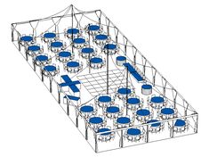 a drawing of an outdoor seating area with blue tables and chairs on the floor,