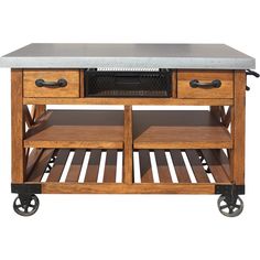 a kitchen island with two drawers on wheels