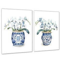 two paintings of blue and white vases with flowers in them, one painted on the wall