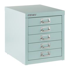 a light blue filing cabinet with five drawers