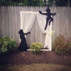 a cat and dog sitting in front of a fence with curtains on it's sides