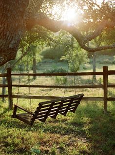 a wooden swing hanging from a tree in the grass near a fenced in area