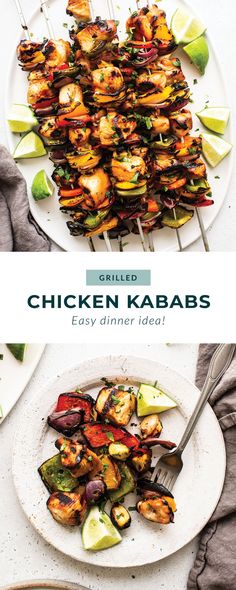 grilled chicken kababs are served on skewers with lime wedges