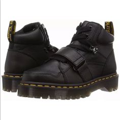 Dr. Martens Zuma Ii Black Leather Strap Boots Women's Size 5 New Black Boots With Removable Insole And Round Toe, Black Closed Toe Boots With Heel Loop, Black Leather High-top Moto Boots, Black High-top Boots With Removable Insole, Black High-top Leather Moto Boots, Edgy Leather Boots With Leather Footbed, Black Ankle-high Boots With Heel Loop, Black Leather Boots With Studded Outsoles, Doc Martins Boots