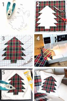 the steps in how to sew a christmas tree pillow with scissors and sewing machine