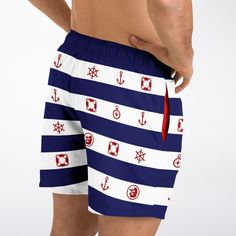 Get ready to soak up the sun in our Maris Equi Men's Nautical Swim Shorts. Designed for comfort and performance, this swimsuit is perfect for all your aquatic adventures. Mix and match with our coordinating shirts, flip flops, and swim briefs to create your own signature beach look. Shop now and make waves with Maris Equi! These swim trunks are handmade after you order them. Please allow 2 weeks for delivery. This suit has a lot of stretch and is very size friendly. If you want a tighter look, s Bermuda Swim Trunks With Built-in Shorts For Vacation, Navy Swim Trunks With Built-in Shorts For Vacation, Navy Swim Trunks With Built-in Shorts For Beach, Navy Swimwear With Built-in Shorts For Vacation, Bermuda Swim Trunks With Built-in Shorts For Beach, White Swimwear With Built-in Shorts For Swimming, Summer Swim Trunks For Vacation Swimming, Bermuda Style Swim Trunks For Beach Season, Summer Bermuda Swim Trunks For Beach Season