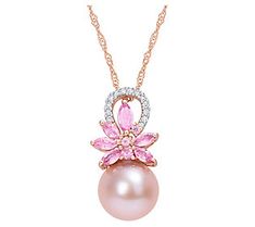 Put on this pink pendant when you want feminine flair with a luxurious look. Pink sapphires and a cultured freshwater pearl lend this necklace their warm hue, while diamond accents boost the brilliance. From Bellini. Elegant Pink Sapphire Round Jewelry, Pink Sapphire Necklace, Oval Pink Sapphire Jewelry With Gemstone Accents, Pink Pendant Jewelry With Diamond Accents, Fine Jewelry Pink Sapphire Pendant Necklace, Luxury Pink Sapphire Pendant Jewelry, Sapphire Diamond Necklace, Sapphire And Diamond Earrings, Bellini