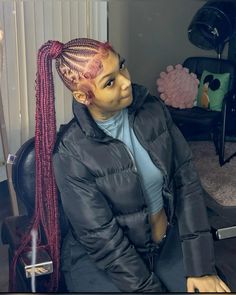 Fed In Ponytail, 4 Cross Stitch Braids, Scalp Braided Ponytail, Pink Hairstyles Braids, Hairstyles Baddie Braids, Braided Ponytail With Color, Braided Ponytail With Design, Freestyle Braided Ponytail, Long Braided Ponytail Hairstyles