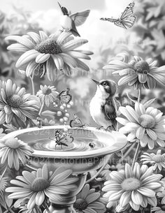 a black and white drawing of a bird drinking water from a bird bath surrounded by flowers