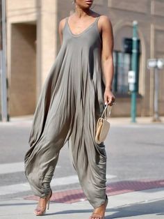 Loose Jumpsuit Outfit, Streetwear Overalls, Loose Jumper, Spagetti Strap, Aesthetic Yoga, Solid Jumpsuit, Loose Jumpsuit, Elegante Casual