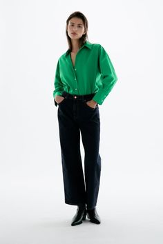 POPLIN SHIRT - Green | ZARA United States Oversized Green Shirt Outfit Women, Green Wide-leg Workwear Jeans, Green Wide-leg Jeans For Workwear, Zara Green Wide Leg Pants With Pockets, Green Zara Wide Leg Pants With Pockets, Green Workwear Pants With Five Pockets, Green Work Pants With Five Pockets, Green High-waisted Jeans For Work, Green Straight Jeans For Workwear