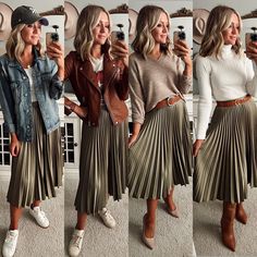 Color Casual Outfit, Midi Skirt Belt Outfit, Grey Pleated Skirt Outfit Winter, Womens Outfits For Work, How To Style Dresses In Summer, Pleated Midi Skirt Outfit Casual, Khaki Pleated Skirt Outfit, Plisse Skirt Outfit, Casual Outfit Skirt