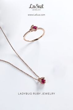 The ladybug ruby jewelry set is thoughtfully designed to complement your unique style. Our sets include a combination of adorable earrings, matching necklaces, and charming rings. 4mm ruby is customized and rose gold in 14k gold perfect for daily wear. Ruby Jewelry Set, Ruby Diamond Necklace, Lucky Necklace, Lady Beetle, Earrings Matching, The Ladybug, Diamond Jewelry Set, Pink Morganite, Red Gemstones