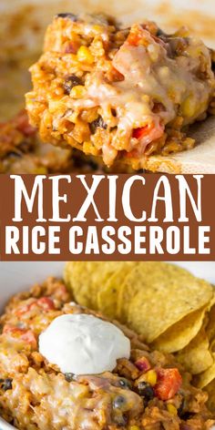 mexican rice casserole with tortilla chips and sour cream on the side