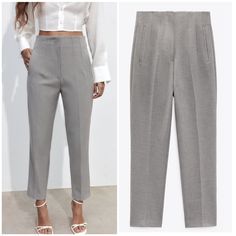 Zara High Waisted Straight Leg Trousers Pants In Gray Size S Blogger Fav! New With Tags! High-Waist Trousers With Seam Detail On The Front And Back. Front Welt Pockets. Front Zip Fly, Inside Button And Metal Hook Fastening. Outer Shell 72% Polyester 22% Viscose 6% Elastane Shoes With Gray Pants Women, Gray Bussines Pants, Tailored Summer Office Bottoms, Summer Office Pants With Pockets, Spring Office Bottoms With Welt Pockets, Summer Office Dress Pants With Tapered Leg, Tailored Bottoms With Pockets For Spring, Tailored Ankle-length Summer Bottoms, Zara Summer Office Pants