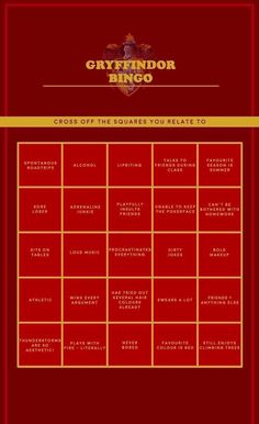 a red and gold flyer with the words cryffinndor bingo on it