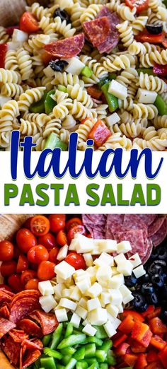 this pasta salad is loaded with tomatoes, olives, bell peppers and ham