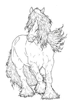 a drawing of a horse with long manes and tail, standing on one leg