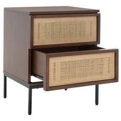 two brown wicker drawers with one drawer open and the other closed on it's sides