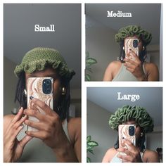 a woman taking a selfie in front of a mirror wearing a green crochet hat