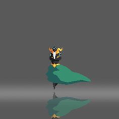 a pixellated image of a bird on top of a green hill with its reflection in the water