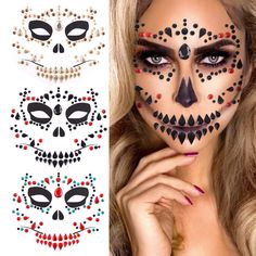 PRICES MAY VARY. 💎Halloween Face Jewels - 3 different styles unique day of the dead face gems tattoo sticker. Complete your festival outfit off with these amazing gems! Use these crystal holographic face jewels along with glitter to accent your beautiful makeup. 💎DIY Your Own Halloween Face Gems - The halloween face jewels are all connected with a clear gelatin like sticky pad that can be removed in one piece and stuck onto your face.You can use scissors or a blade to cut off any of the jewels Temporary Tattoo Face Makeup, Face Paint For Football Games Dots, Nem Halloween Makeup, Halloween Makeup Tutorials, Maquillage Halloween Simple, Halloween Makeup Tutorial Easy, Horror Ghost, Gem Tattoo, Face Crystals