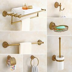 there are many different pictures of bathroom accessories in this collage, including toilet paper and soap dispenser