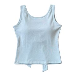 This trendy top features built-in cups for support and a large bow at the back. Made from a stretchy, comfortable fabric, it's available in blue, gray, and pink. Ideal for a relaxed yet stylish look, this top is perfect for everyday wear or casual outings Size: • S: Bust: 78cm/ 30.7 in, Length: 37cm/ 14.6 in• M: Bust: 82cm/ 32.3 in, Length: 38cm/ 15.0 in• L: Bust: 86cm/ 33.9 in, Length: 39cm/ 15.4 in• XL: Bust: 90cm/ 35.4 in, Length: 40cm/ 15.7 inMaterial: Polyester Trendy Sleeveless Top With Bow, Sleeveless Cotton Top With Bow Tie Back, Sleeveless Tie-back Top, Chic Blue Top With Bow, Chic Blue Tops With Bow, Blue Tie-back Sleeveless Tank Top, Blue Sleeveless Tank Top With Tie Back, Casual Bow Tank Top For Spring, Casual Spring Bow Tank Top