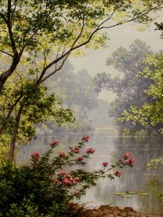 a painting of flowers and trees by the water