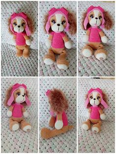 several pictures of a stuffed animal with pink clothing