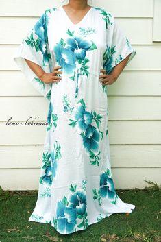 "Measurement and detail: 👉Fabric: 100% Breathable and Comfy Rayon 👉Special Feature: Adjustable rope around the waist to tighten the kaftan 👉Size: One Size Fits Most (M-5XL) Extremely comfy 👉Boho/Hippie /Hawaiian/Beach/Tropical Theme 👉Length of Dress: 55\" 👉Width of Dress: 45\" 👉Bust 60\"-90\" 👉The back is identical to front pattern 👉Great for wearing while doing arts, crafts, relaxing at your home or feeling tropical vibes. ------------------------------------------- 🌸Care Instruction: Tropical Tunic Beach Dress For Vacation, Tropical Tunic Beach Dress, Hawaiian Floral Print Beach Dress For Vacation, Summer Tropical Maxi Dress With Hibiscus Print, White Hawaiian Dress With Hibiscus Print, Summer Vacation Maxi Dress With Hibiscus Print, Flowy Tropical Beach Dress For Poolside, Tropical Flowy Beach Dress For Poolside, Tropical Style Short Sleeve Kaftan For Vacation