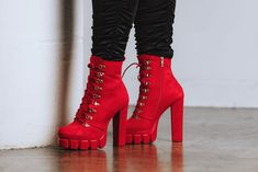 Boots are true to size. Red And Black Combat Boots, Red High Heel Boots, Red Boots Outfit, Red Heel Boots, Cute Shoes Heels, Hot Boots, Fresh Shoes, Fancy Shoes, Red Boots