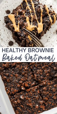 healthy brownie baked oatmeal with peanut butter drizzled on top